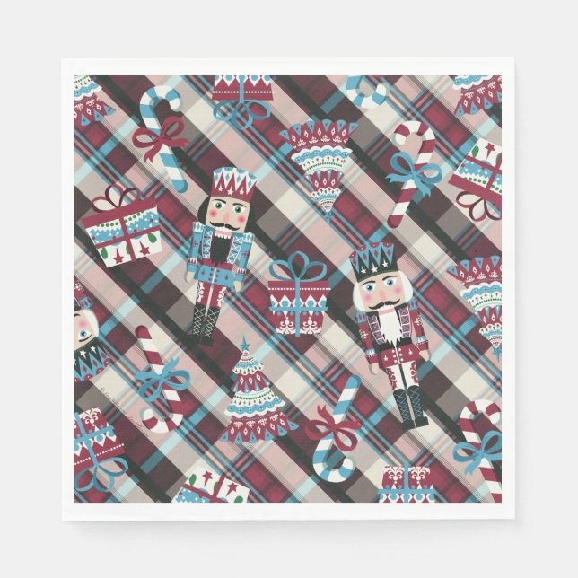 Christmas Nutcracker Kariert Blue Burgund Napkins Serviette (Vorderseite)