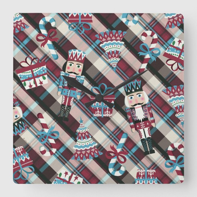 Christmas Nutcracker Kariert Blue Burgund Quadratische Wanduhr (Vorderseite)
