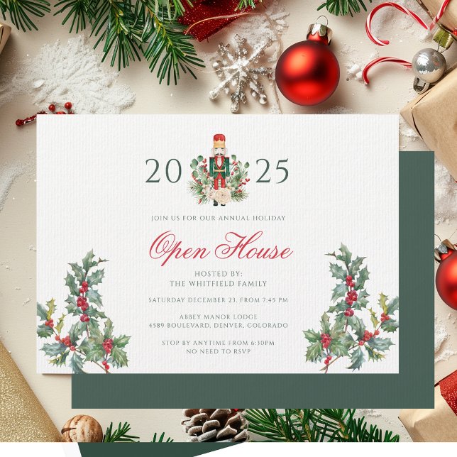 Christmas Nutcracker Open House Red Berries Einladung (Christmas Holidays Open House Party Invitation Red Berries with Nutcracker)