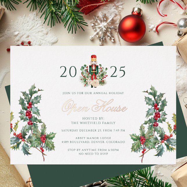 Christmas Nutcracker Open House Rose Gold Folieneinladung (Christmas Open House Nutcracker Botanical Rose Gold Foil Invitation)