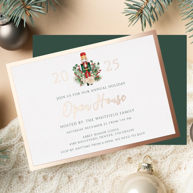 Christmas Nutcracker Open House Rose Gold Folieneinladung (Christmas Nutcracker Open House Holiday Rose Gold Foil Invitation)