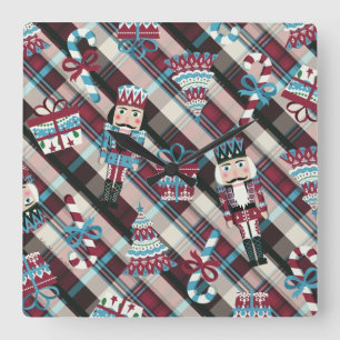 Christmas Nutcracker Plaid Blue Burgundy Quadratische Wanduhr