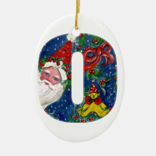 CHRISTMAS O SCHREIBEN / SANTA CLAUS MIT ROTEM RIBB KERAMIK ORNAMENT