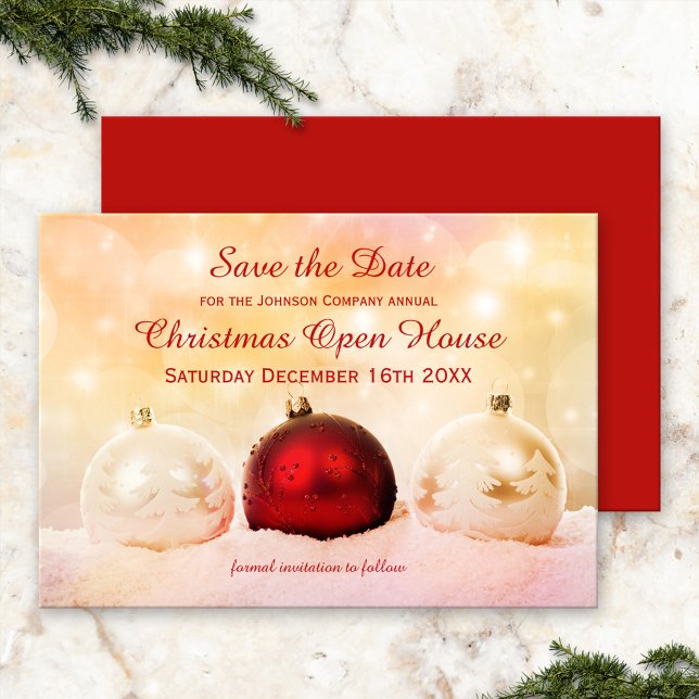Christmas Open House Save the Date (Save the Date Christmas invitation, showing festive Christmas baubles in snow with sparkling lights)