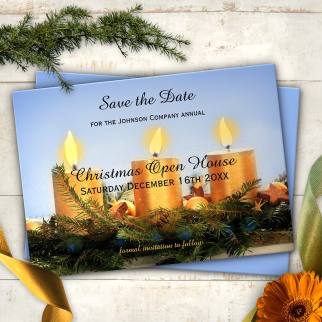 Christmas Open House Save the Date (Save the Date card for a Christmas or Holiday party, featuring golden candles and pine twigs)