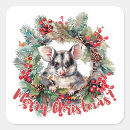 Christmas Opossum Berries Holly Verlasse Quadratischer Aufkleber