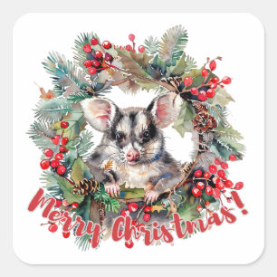 Christmas Opossum Berries Holly Verlasse Quadratischer Aufkleber