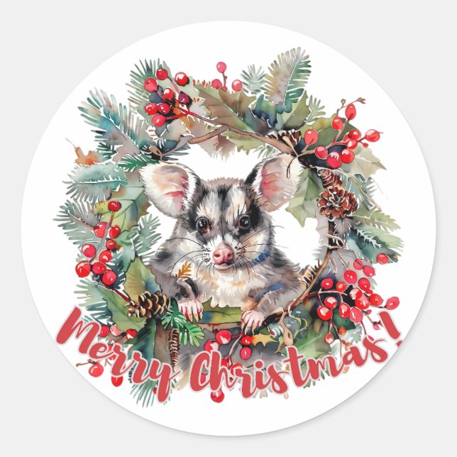 Christmas Opossum Berries Holly Verlasse Runder Aufkleber (Vorderseite)