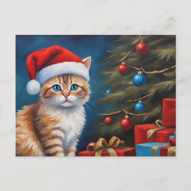 Christmas Orange Tabby Kitten Feiertagspostkarte (Vorderseite)