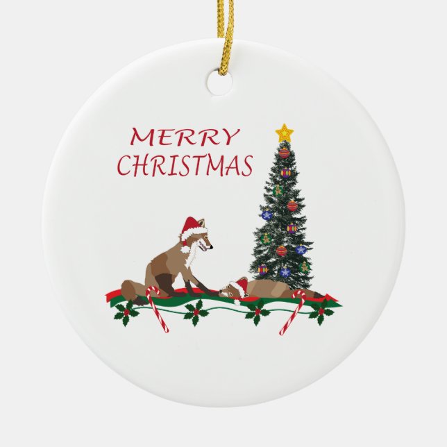 Christmas Ornament, wildlife, mom and baby fox Keramik Ornament (Vorne)