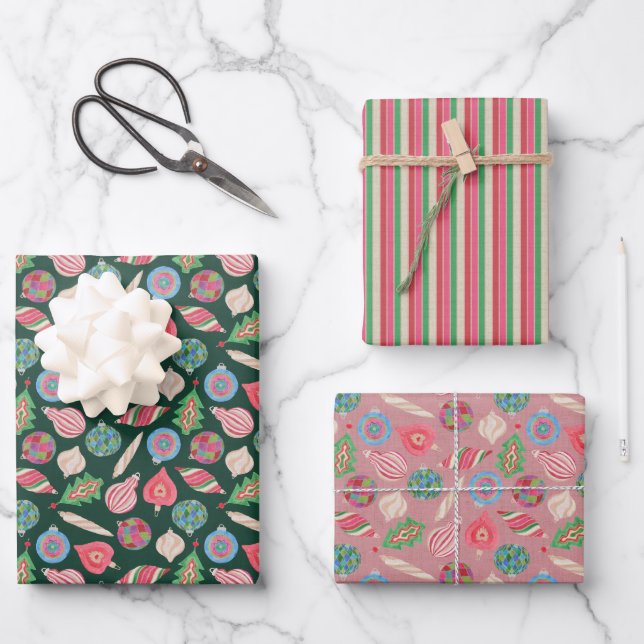Christmas Ornaments Gift Wrap Set of Three Geschenkpapier Set (Vorderseite)