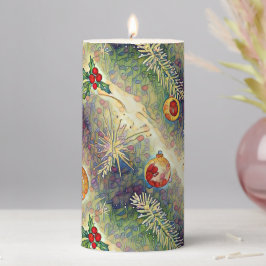Christmas Ornaments & Holly Branches Pattern Stumpenkerze