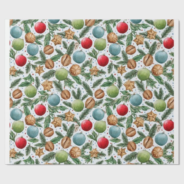 Christmas Ornaments & Pine Pattern Geschenkpapier (Flach)
