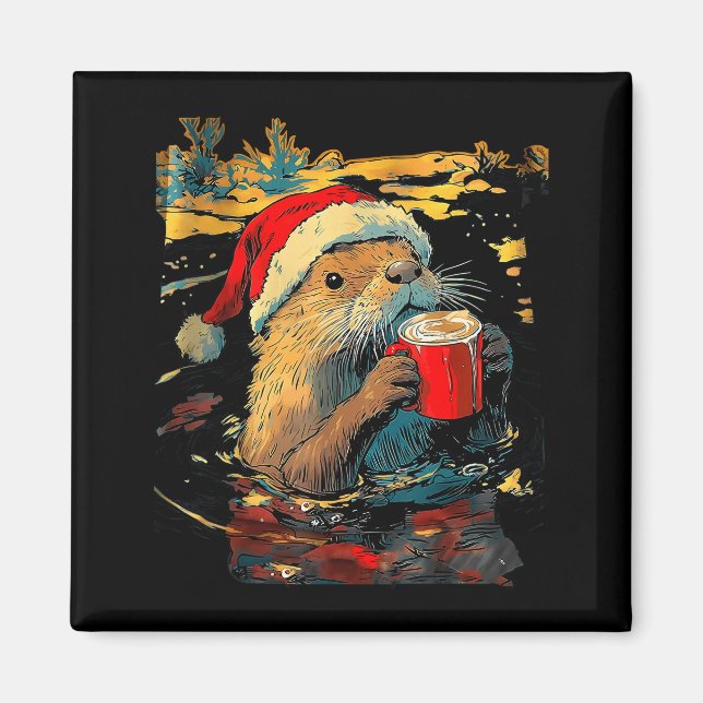Christmas Otter Drinks Coffee Art Print  Magnet (Vorne)
