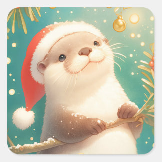 Christmas Otter in Santa Hat with Holly Berries Quadratischer Aufkleber