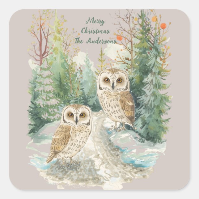 Christmas Owl Sticker – Woodland Forest Watercolor (Vorderseite)