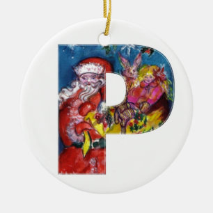 CHRISTMAS P SCHREIBEN / SANTA MIT GIFTMONOGRAMM KERAMIKORNAMENT