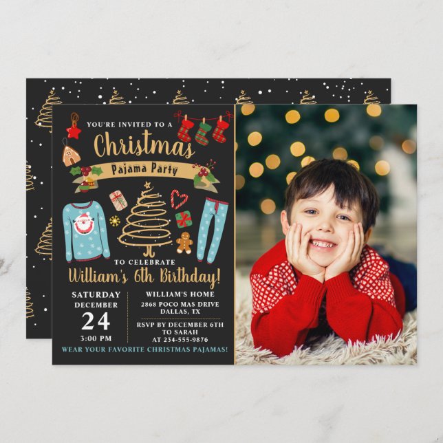 Christmas Pajama Party Boy Birthday Foto Einladung (Vorne/Hinten)