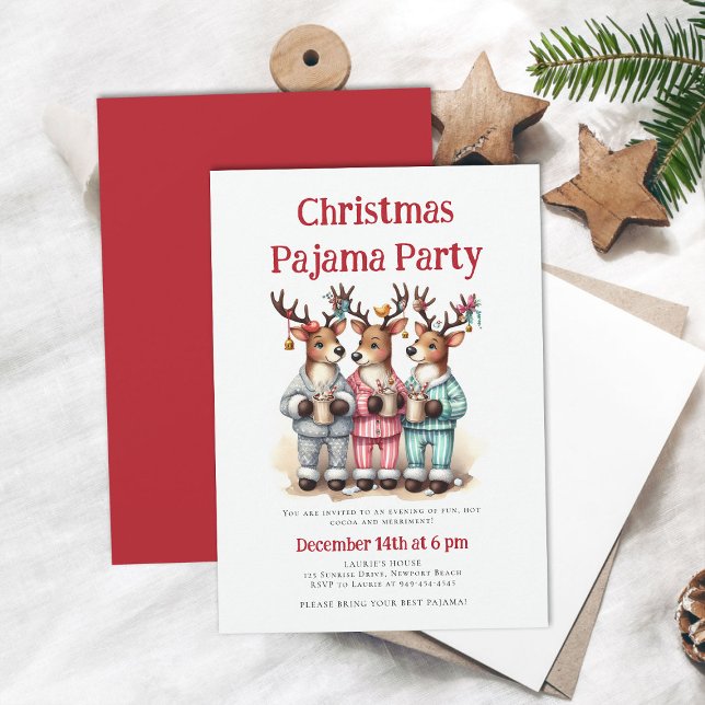 Christmas Pajama Party Funny Reindeer Sleepover Einladung (christmas pajama party invitation funny reindeer hot cocoa pj sleepwear sleepover teens kids cute )