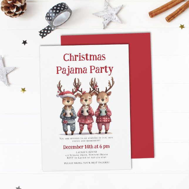 Christmas Pajama Party Funny Reindeer Sleepwear Einladung (christmas pajama party invitation funny reindeer hot cocoa pj sleepwear sleepover teens kids cute)