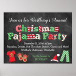 Christmas Pajama Partys Chalkboard Style Poster<br><div class="desc">Dieses lustige und festliche Weihnachts-Pajama Party Chalkboard Stil Poster ist perfekt für jedes Weihnachts-Pjama-Thema Veranstaltung! Dieses Design ist mit einem Chalkboard-Stil,  hellen Weihnachtsfarbenmustern Buchstaben und lustigen Weihnachtsgrafiken und Illustrationen entlang der Unterseite einschließlich Weihnachtsjamas,  Rentierschuhen,  Zuckerrohr und Weihnachtsmannmütze!</div>