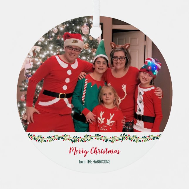 Christmas Pajamas Challenge Family Foto Ornament Aus Metall (Vorderseite)