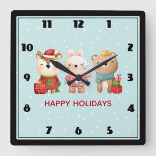 Christmas Pals - Reindeer Bear & Rabbit Quadratische Wanduhr