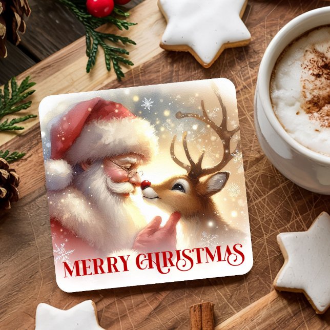 Christmas Paper Coasters Santa Claus and Rudolph Rechteckiger Pappuntersetzer (Christmas Paper Coasters with Santa Claus and Rudolph)