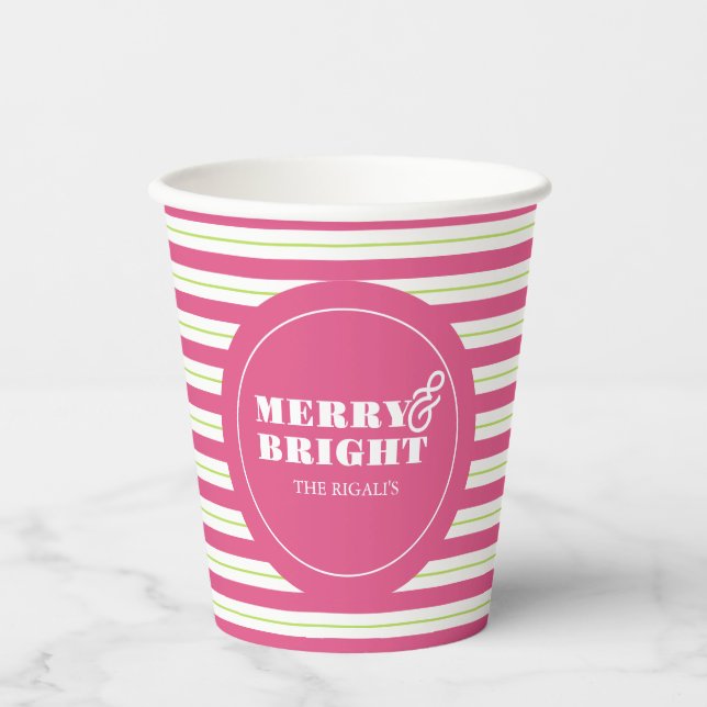 Christmas Paper Cups Merry & Bright Pink and Green Pappbecher (Vorderseite)
