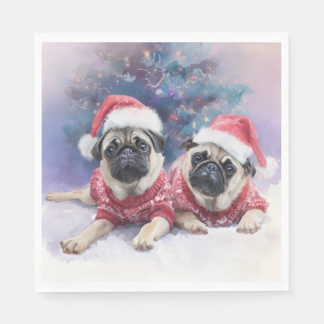 Christmas Paper Napkin with two adorable pugs Serviette (Vorderseite)