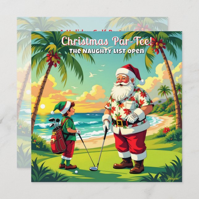 Christmas Par-Tee Fun Tropical Golf Santa Party SQ Einladung (Vorne/Hinten)