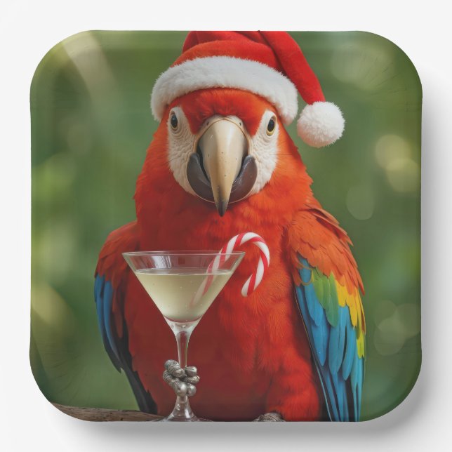 Christmas Parrot Holding a Cocktail Pappteller (Vorderseite)