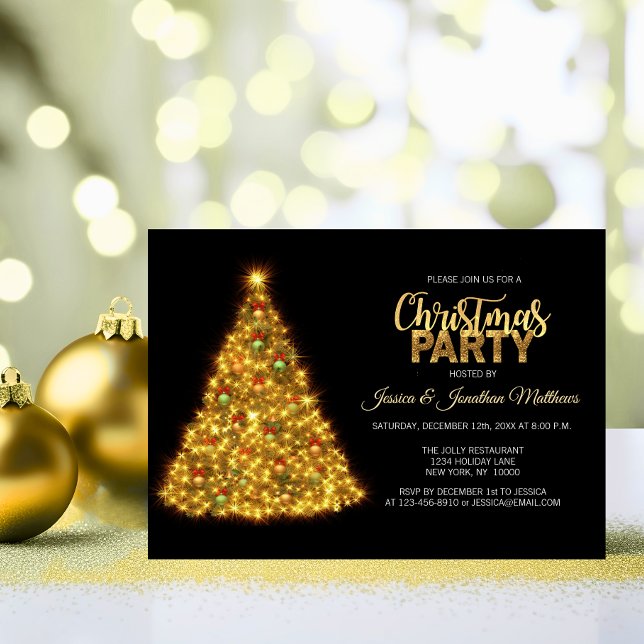 CHRISTMAS PARTY Black Gold Twinkle Lights Tree Einladung (CHRISTMAS PARTY Black Gold Twinkle Lights Tree Invitation)