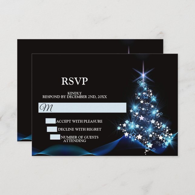 Christmas Party Blue Shiny Tree Black Elegant RSVP Karte (Vorne/Hinten)