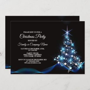 Christmas Party Blue Shiny Tree Black Elegante Einladung