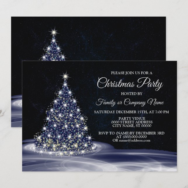 Christmas Party Blue Shiny Tree Winter Navy Einladung (Vorne/Hinten)