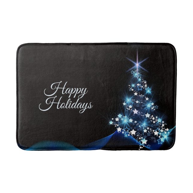 Christmas Party Blue Tree Shiny Black Elegant Badematte (Vorderseite)