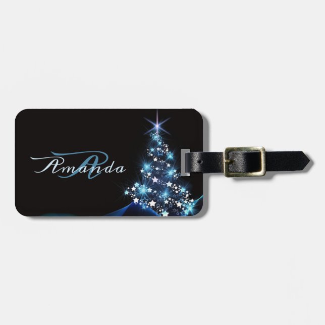 Christmas Party Blue Tree Shiny Black Elegant Gepäckanhänger (Vorderseite horizontal)