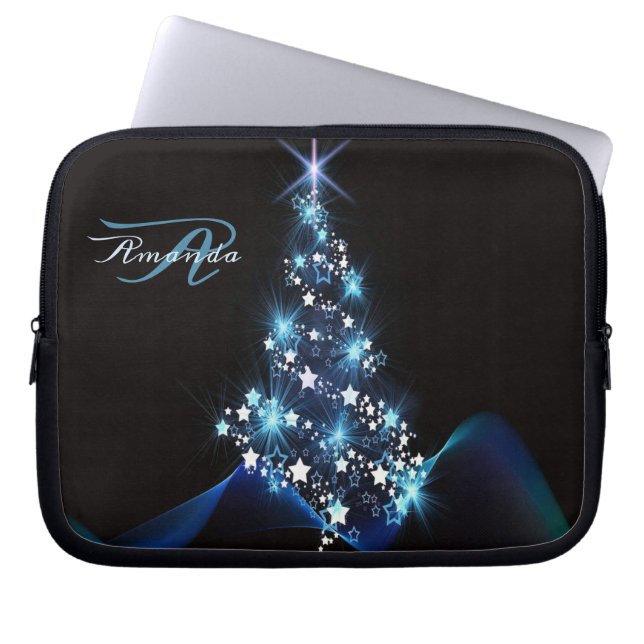 Christmas Party Blue Tree Shiny Black Elegant Laptopschutzhülle (Vorderseite)