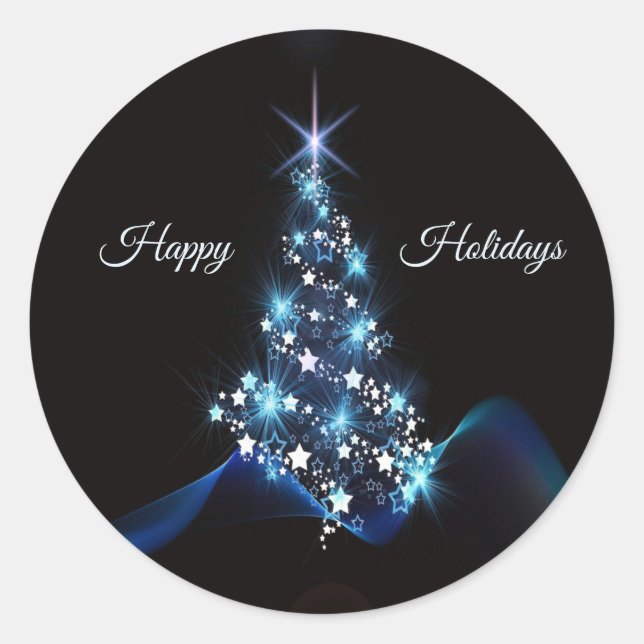 Christmas Party Blue Tree Shiny Black Elegant Runder Aufkleber (Vorderseite)