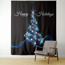 Christmas Party Blue Tree Shiny Black Elegant Wandteppich
