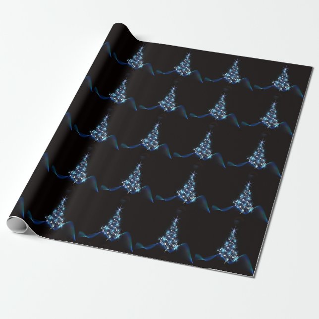 Christmas Party Blue Tree Shiny Black Elegante Geschenkpapier (Ungerollt)