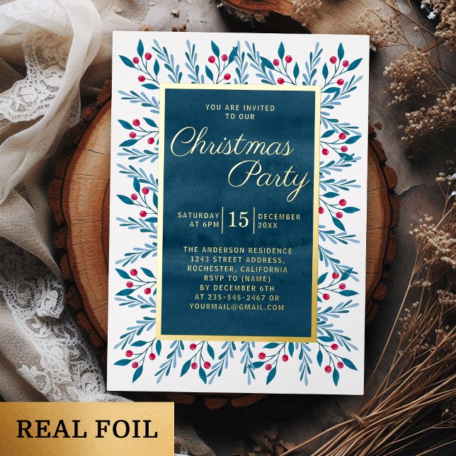 Christmas Party Blue Watercolor Floral Folieneinladung (Von Creator hochgeladen)