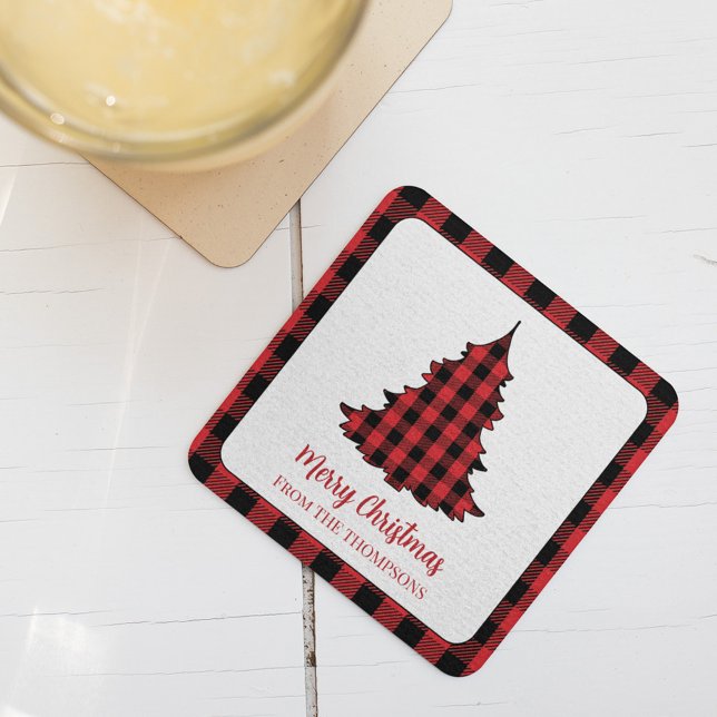 Christmas Party Buffalo Check Custom Rechteckiger Pappuntersetzer (Merry Christmas holiday Buffalo check Christmas Tree Party paper coaster.)