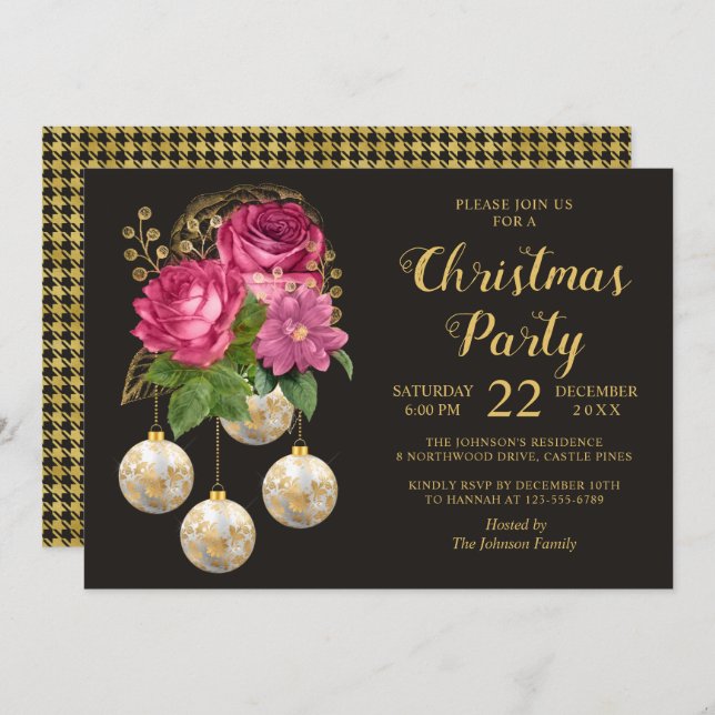 Christmas Party Chic Floral Bauble Bouquet Einladung (Vorne/Hinten)