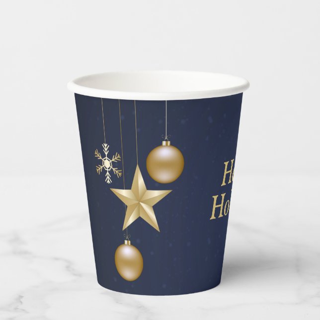Christmas Party Golden Ornament Navy Blue Elegant Pappbecher (Vorderseite)