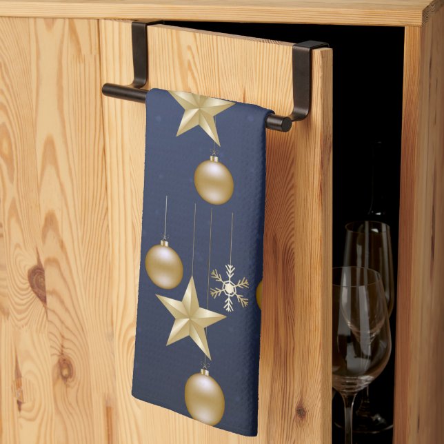 Christmas Party Golden Ornaments Navy Blue Elegant Geschirrtuch (Drittel gefaltet)