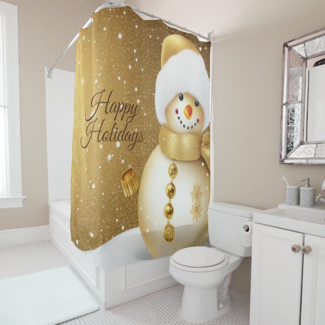 Christmas Party Golden Snowman Snowflakes Holidays Duschvorhang (Beispiel)