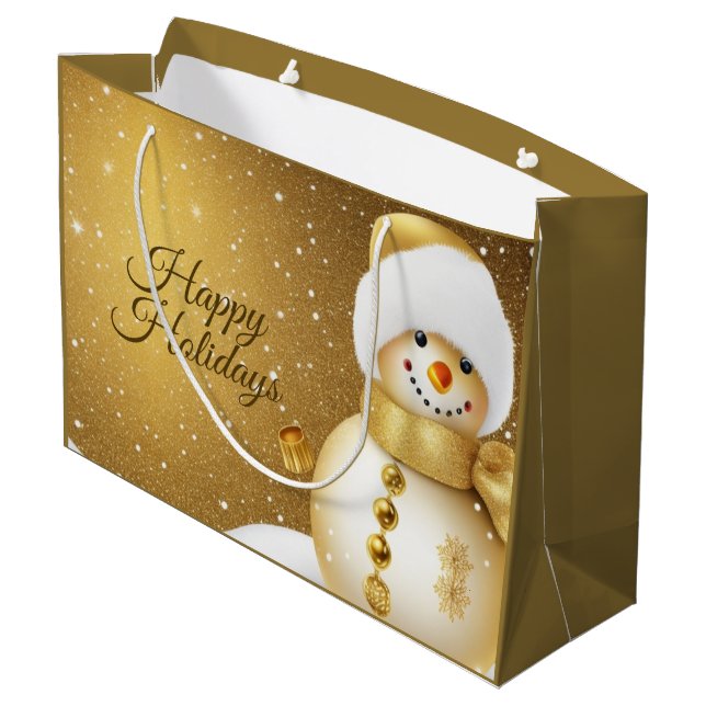 Christmas Party Golden Snowman Snowflakes Holidays Große Geschenktüte (Rückseite Schrägansicht)