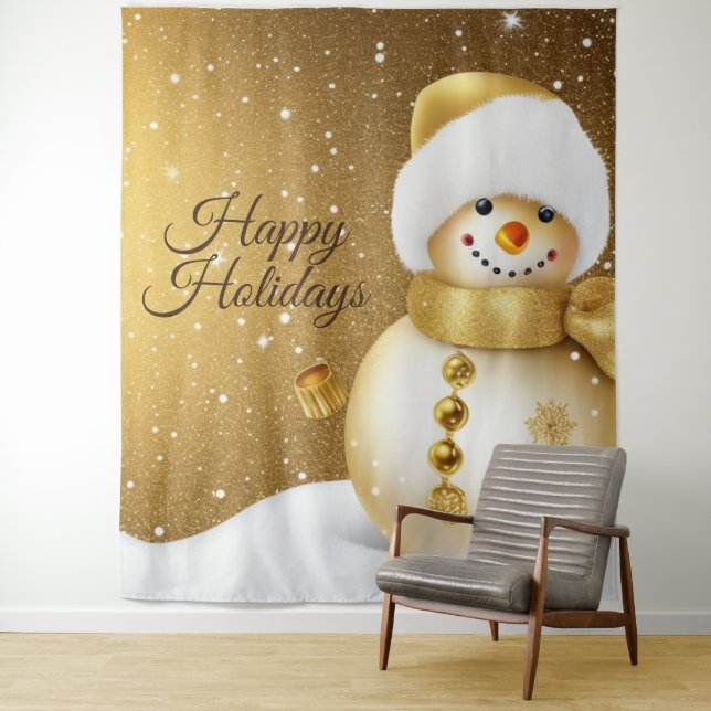 Christmas Party Golden Snowman Snowflakes Holidays Wandteppich (Beispiel)